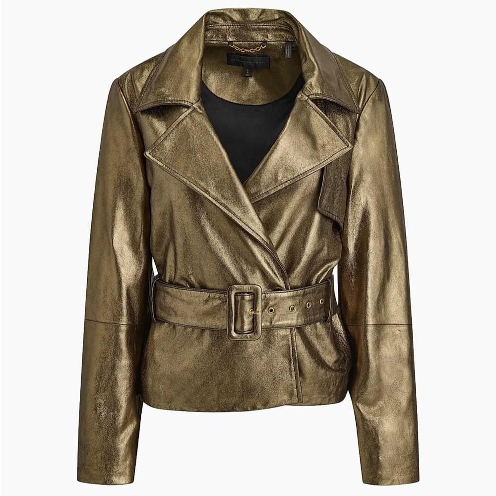 Donna Karan New York Gold Metallic Leather Belted Biker Jacket in Small
